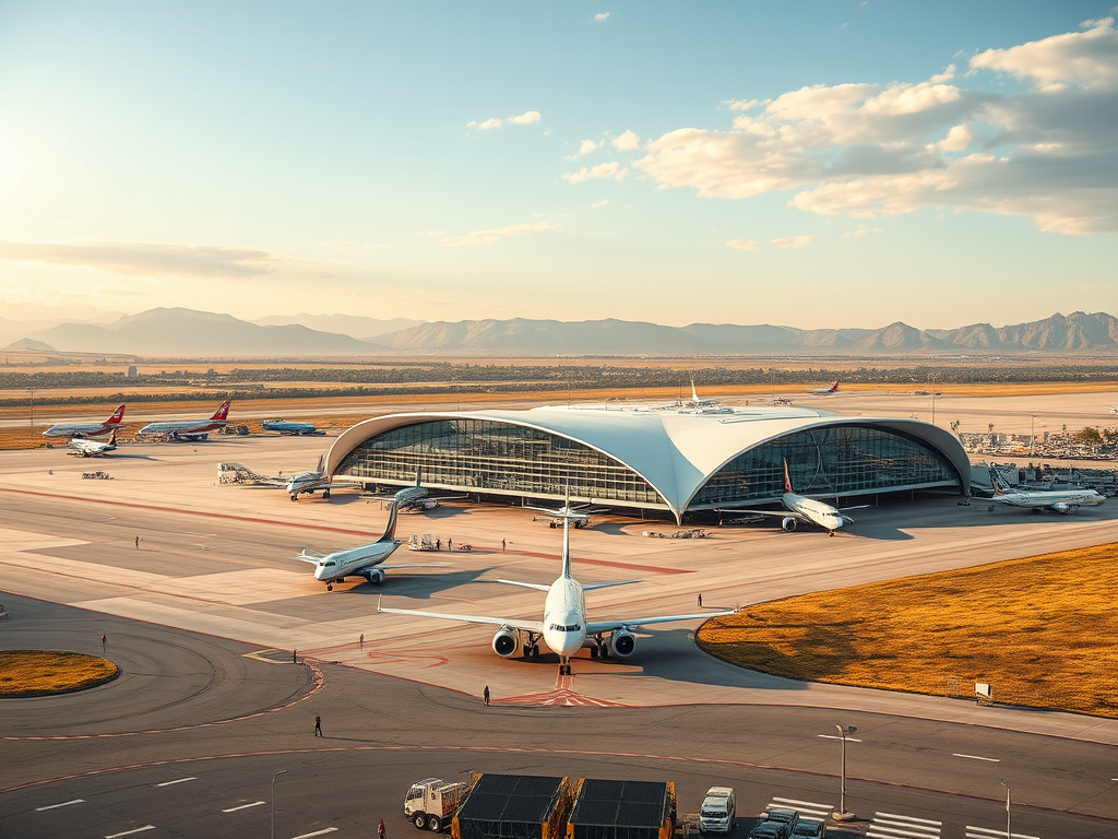 Bir havalimanının genel manzarası, park halinde uçaklar ve modern terminal binasıyla birlikte.